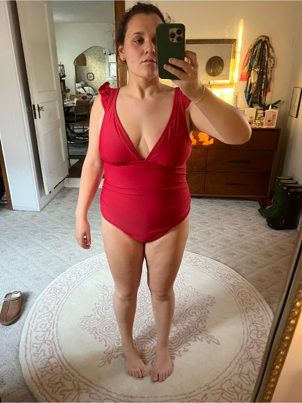 Kona Sol Red Plunge One-Piece Swimsuit with Ruffle Shoulder